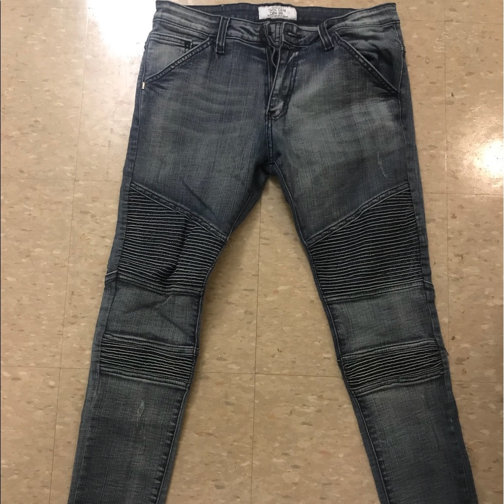 Golden denim biker jeans